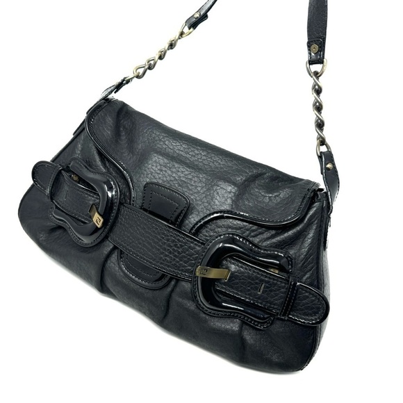 Fendi Handbags - Fendi B. Bis Vintage Black Leather Flap Shoulder Bag – Gold Logo Plaque
